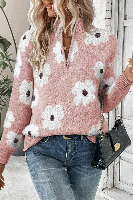 Stilla | Vintage blomsterprint pullover fra 1960'erne med halvmands lynlås