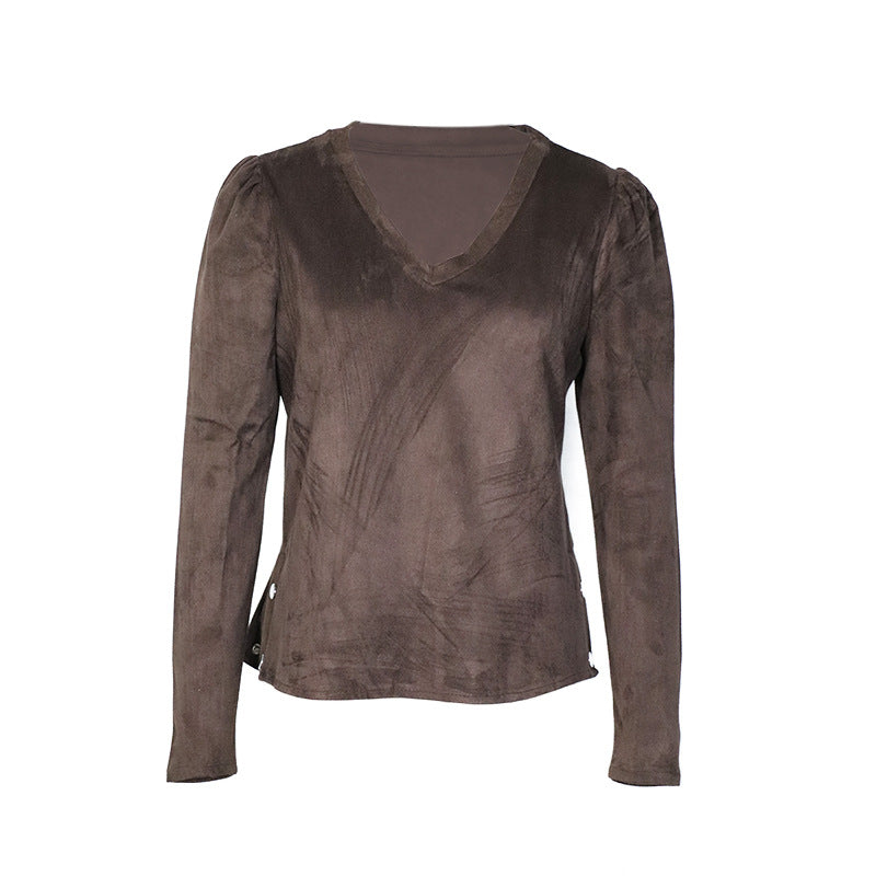 Damer Elegant V-hals Bluse med Pufærmer i Velours Stilla