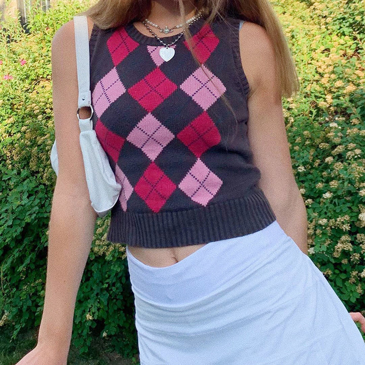 Dame ærmeløs strik top med ternet mønster Skovae