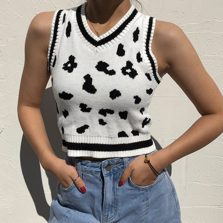 Dame sød strik-crop-top med legende leopardmønster Skovae