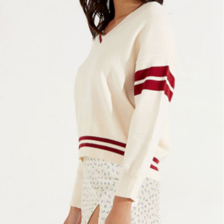 Dame Sporty V-hals Pullover med Striber Stilla