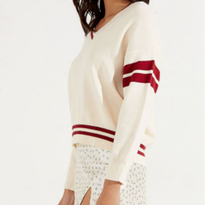 Dame Sporty V-hals Pullover med Striber Stilla