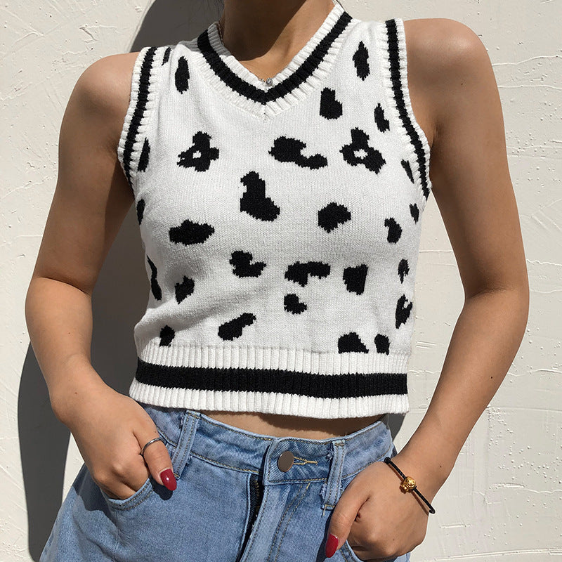 Dame sød strik-crop-top med legende leopardmønster Skovae