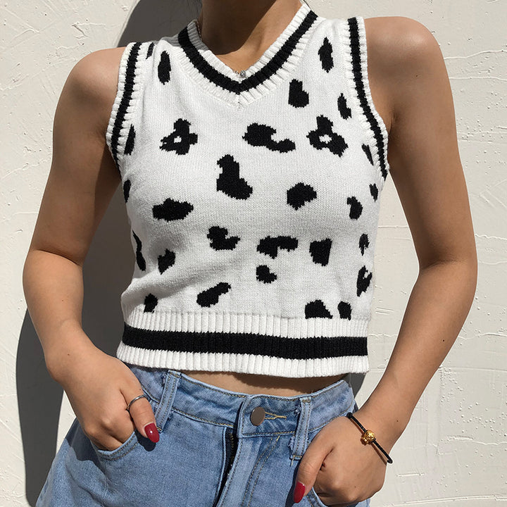Dame sød strik-crop-top med legende leopardmønster Skovae