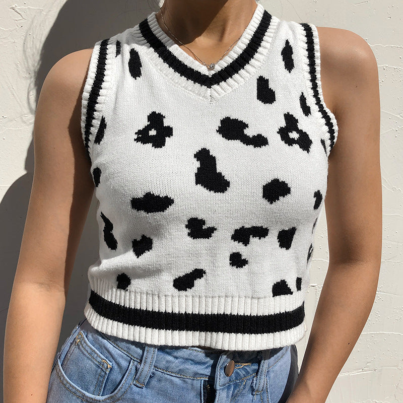 Dame sød strik-crop-top med legende leopardmønster Skovae