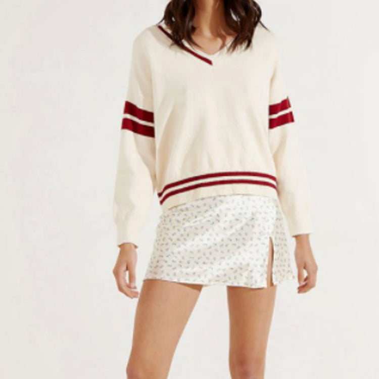 Dame Sporty V-hals Pullover med Striber Stilla