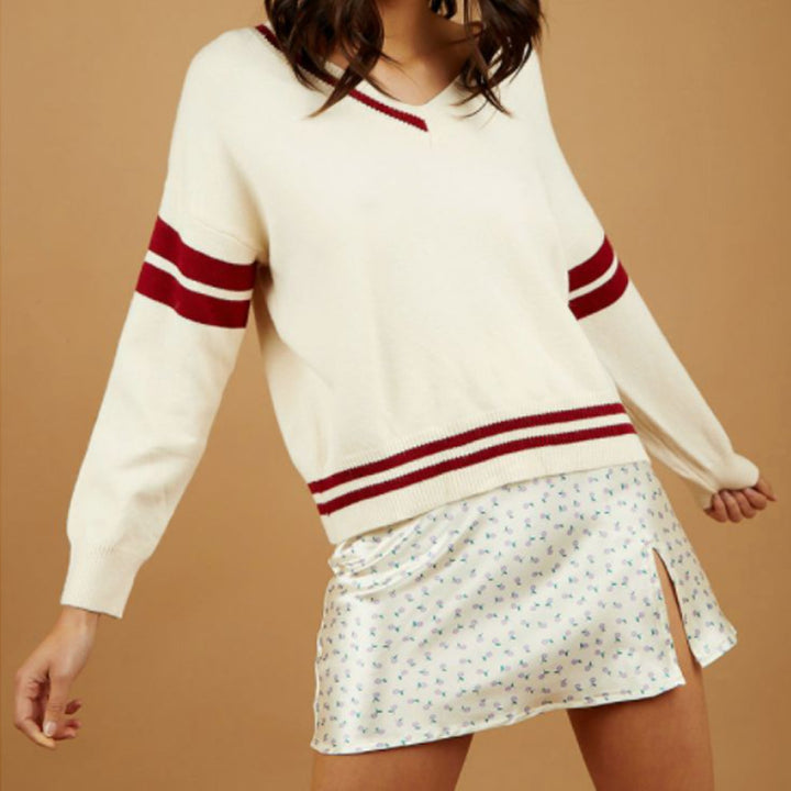 Dame Sporty V-hals Pullover med Striber Stilla