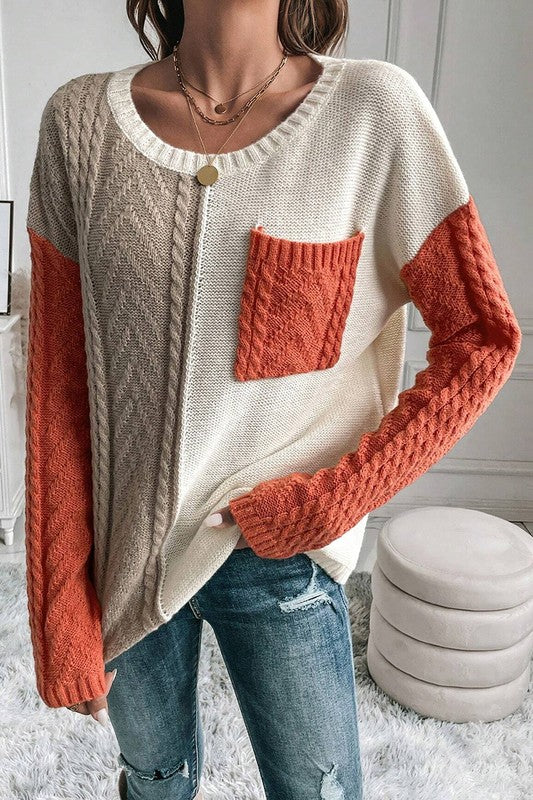 Stilla | Pullover Dame Farveblok Med Påsyede Lommer på Skulderen