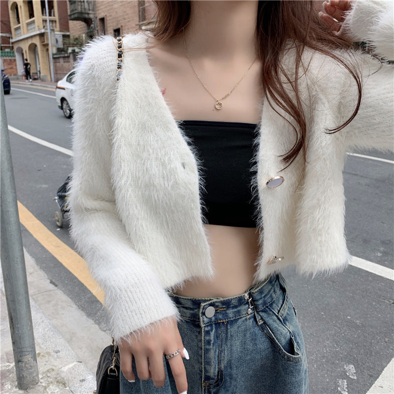 Kvinder Fluffy Strik Cardigan med Knap Design Stilla