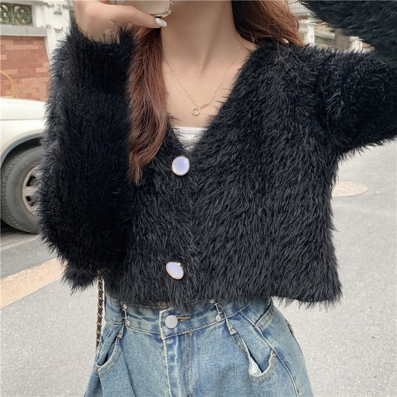 Kvinder Fluffy Strik Cardigan med Knap Design Stilla