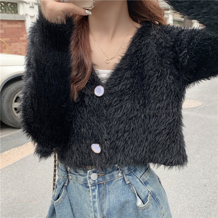 Kvinder Fluffy Strik Cardigan med Knap Design Stilla