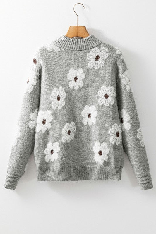 Stilla | Damepullover Med Blomstertryk, Lynlås og Nedfaldende Skulder