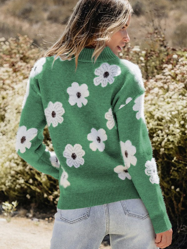 Stilla | Damepullover Med Blomstertryk, Lynlås og Nedfaldende Skulder