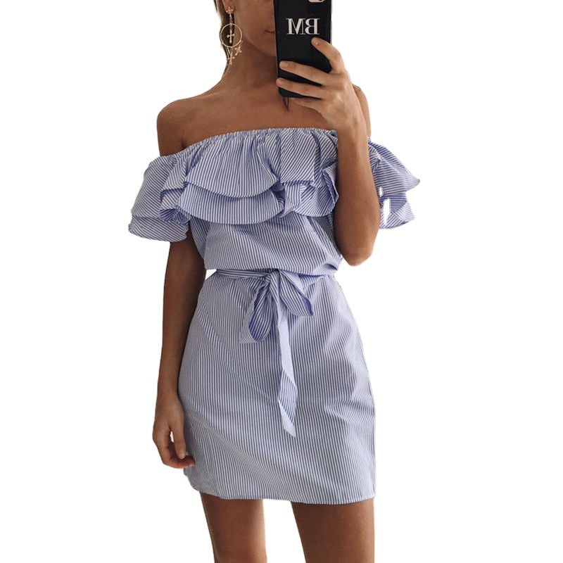 Dame Off-Shoulder Kjole med Flæser og Taljebælte Stilla
