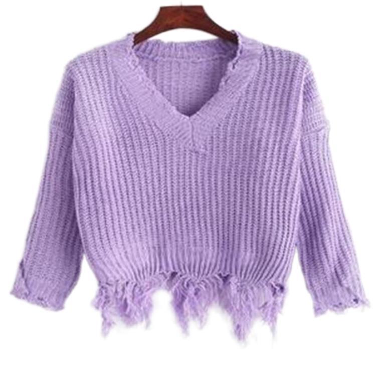 Dame afslappet V-hals pullover med frynsede kanter Stilla