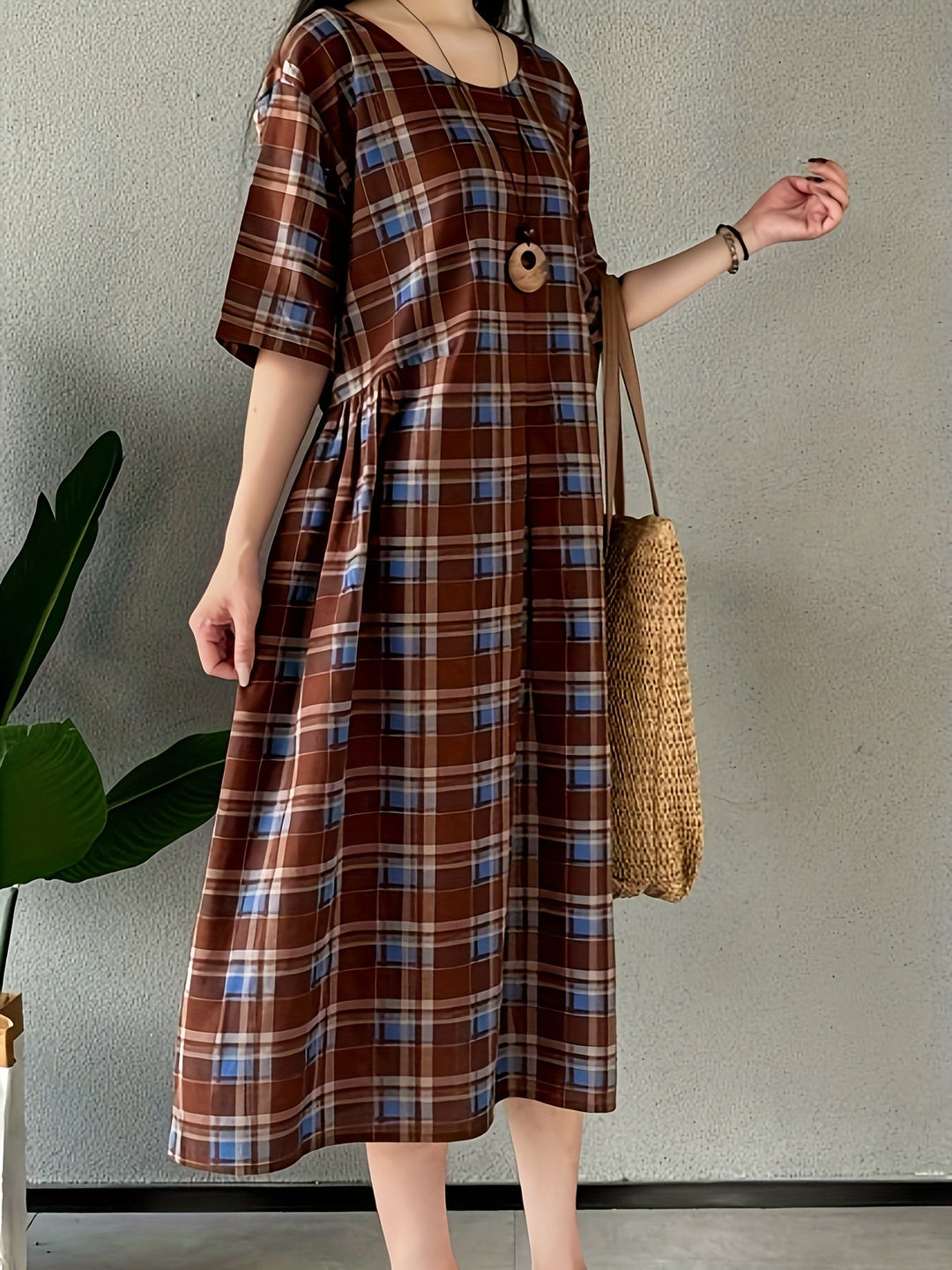 Stilla | Linned Kjole Med Tern Boho Stil Plus Size, Med Rund Hals Og Lommer