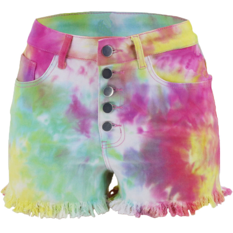Dame tie-dye denim-shorts med frynset afslutninger og dekorative knapdetaljer Stilla