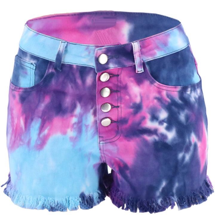 Dame tie-dye denim-shorts med frynset afslutninger og dekorative knapdetaljer Stilla