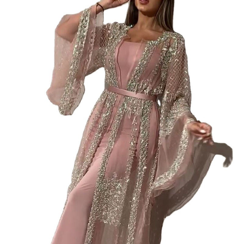 Dame Elegant Kaftan Kåbe lavet af gennemsigtigt stof med detaljerede dekorationer Stilla