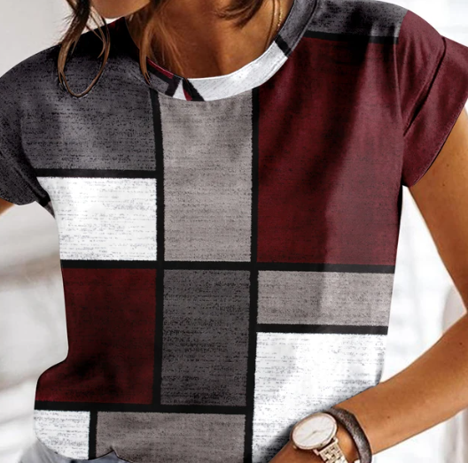 Stilla | Sommer Tjekket T-shirt Til Kvinder O-Udskæring Design