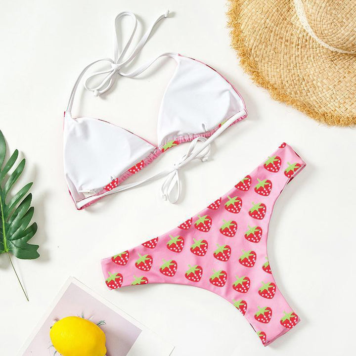 Dame Triangel-Bikini-Sæt med frugtagtig jordbær-design og justerbare stropper Stilla