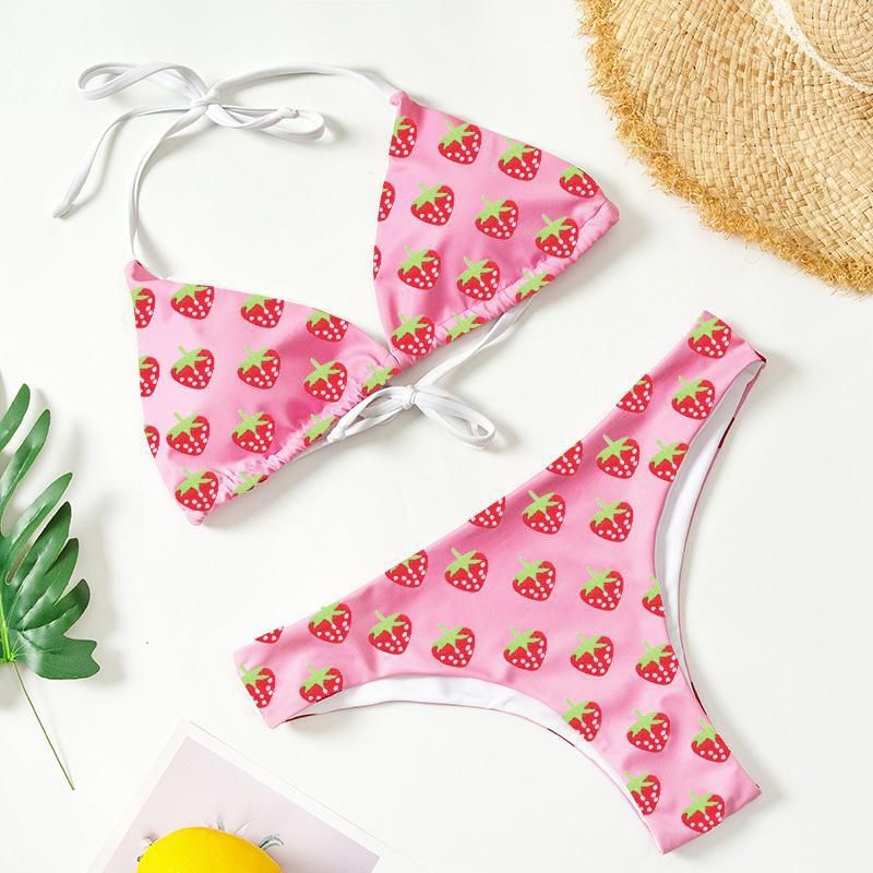 Dame Triangel-Bikini-Sæt med frugtagtig jordbær-design og justerbare stropper Stilla