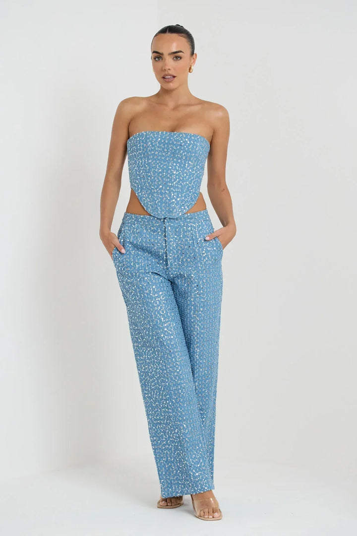 Stilla | Blå Tube Top Med Pailletter Og Brede Bukser Med Glitter