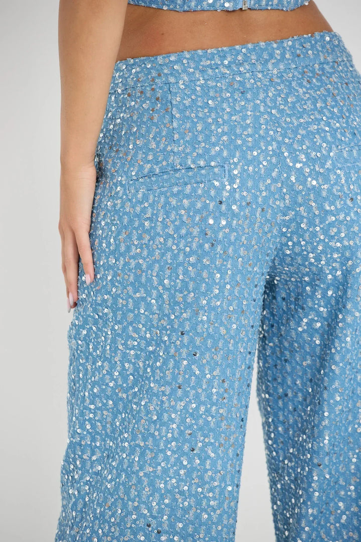 Stilla | Blå Tube Top Med Pailletter Og Brede Bukser Med Glitter