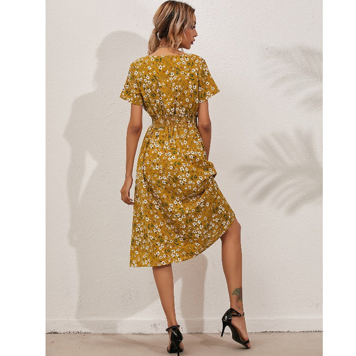 Dame Floral Print Midi Kjole med V-udskæring og Talje Knude Stilla