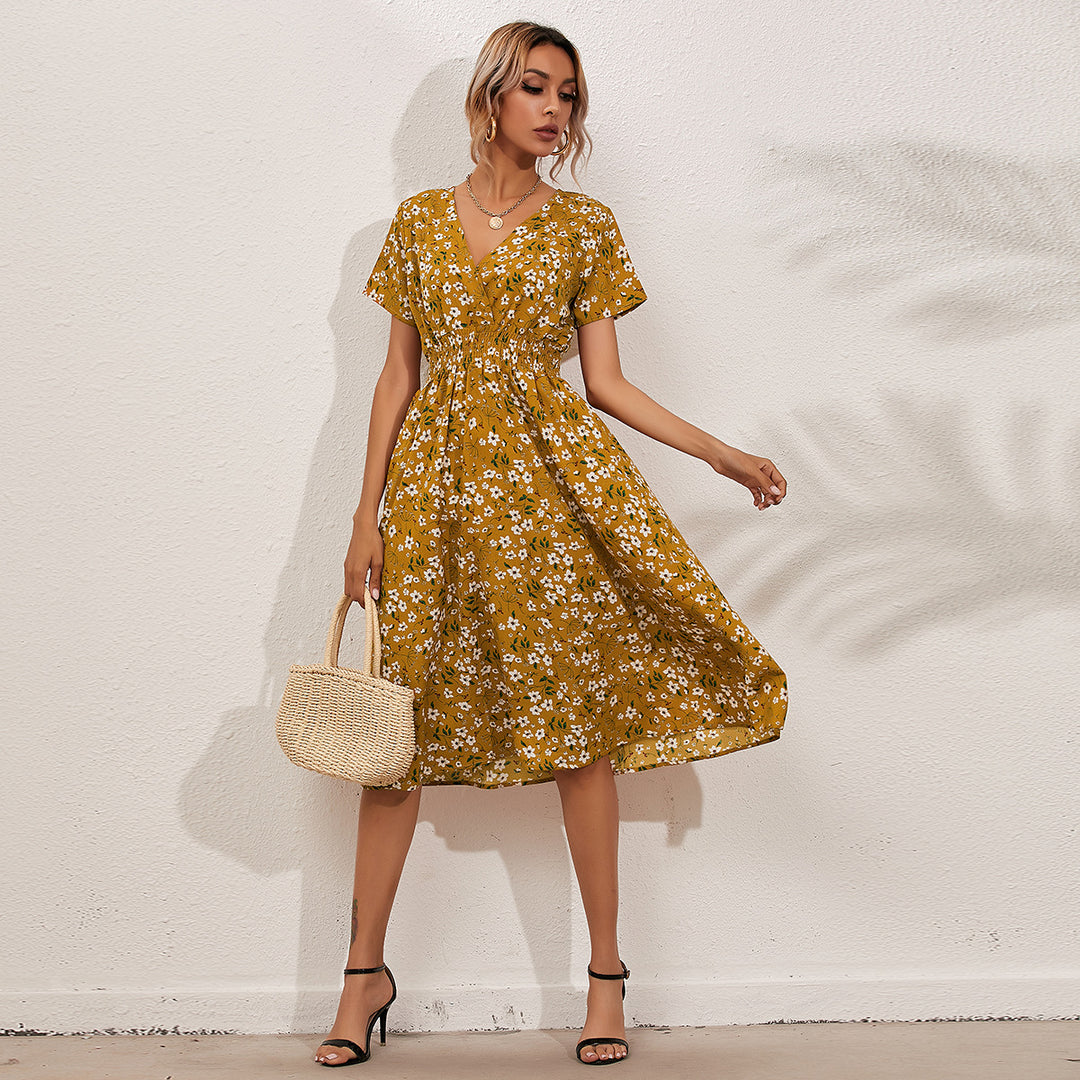 Dame Floral Print Midi Kjole med V-udskæring og Talje Knude Stilla