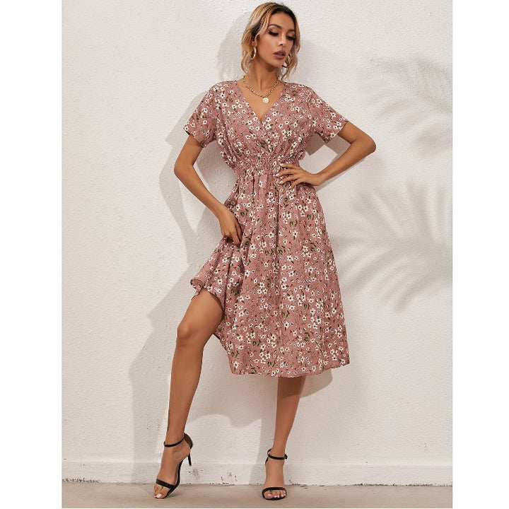 Dame Floral Print Midi Kjole med V-udskæring og Talje Knude Stilla