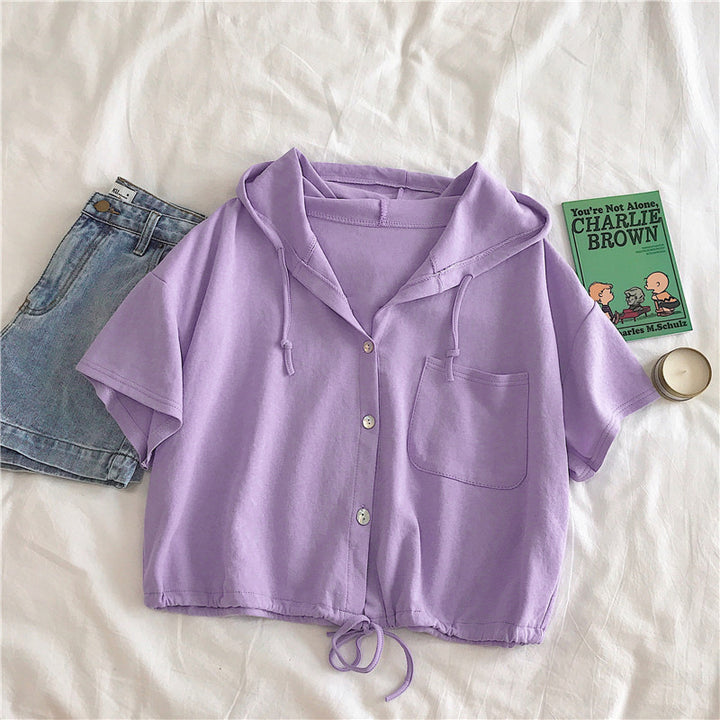 Femme Cropped Button-Up Hoodie med justerbar snoretræk Stilla