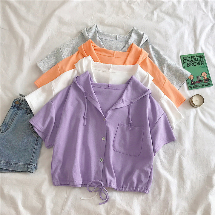 Femme Cropped Button-Up Hoodie med justerbar snoretræk Stilla