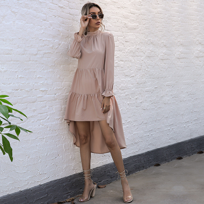 Dame Elegant asymmetrisk midi-kjole med ruffles og ståkrave Stilla