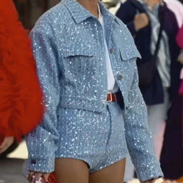 Stilla | Jeansjakke og Shorts sæt med palietter