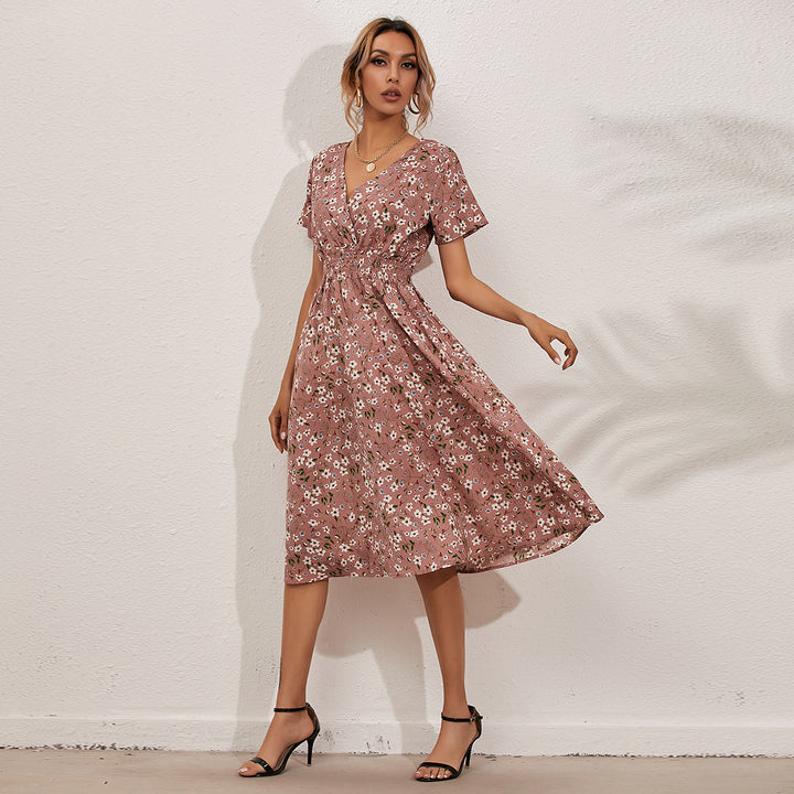 Dame Floral Print Midi Kjole med V-udskæring og Talje Knude Stilla