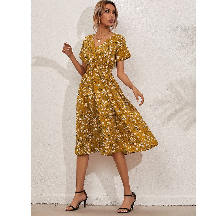 Dame Floral Print Midi Kjole med V-udskæring og Talje Knude Stilla