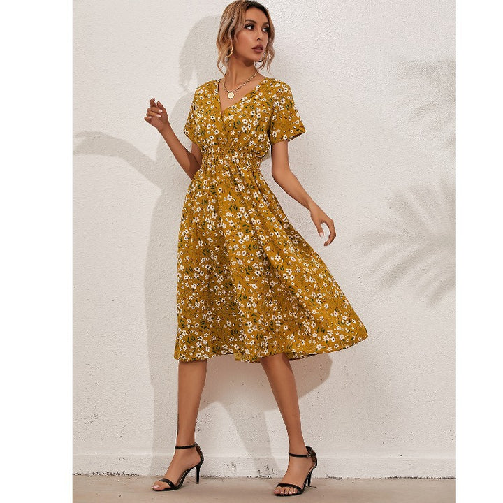 Dame Floral Print Midi Kjole med V-udskæring og Talje Knude Stilla