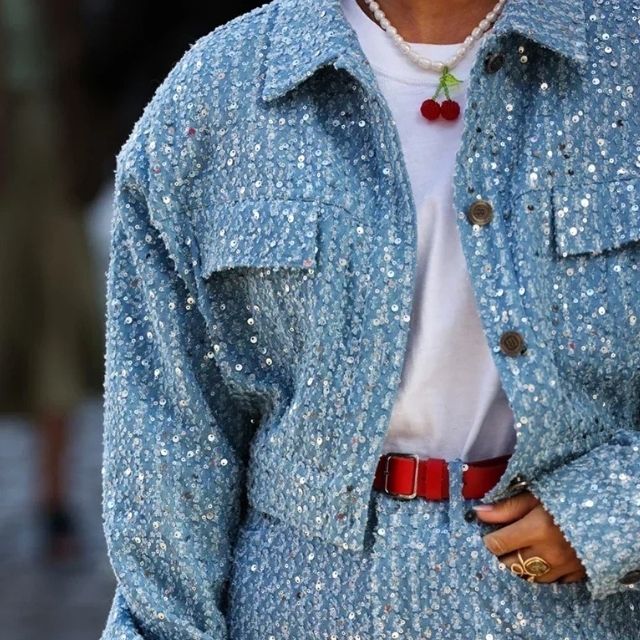 Stilla | Jeansjakke og Shorts sæt med palietter