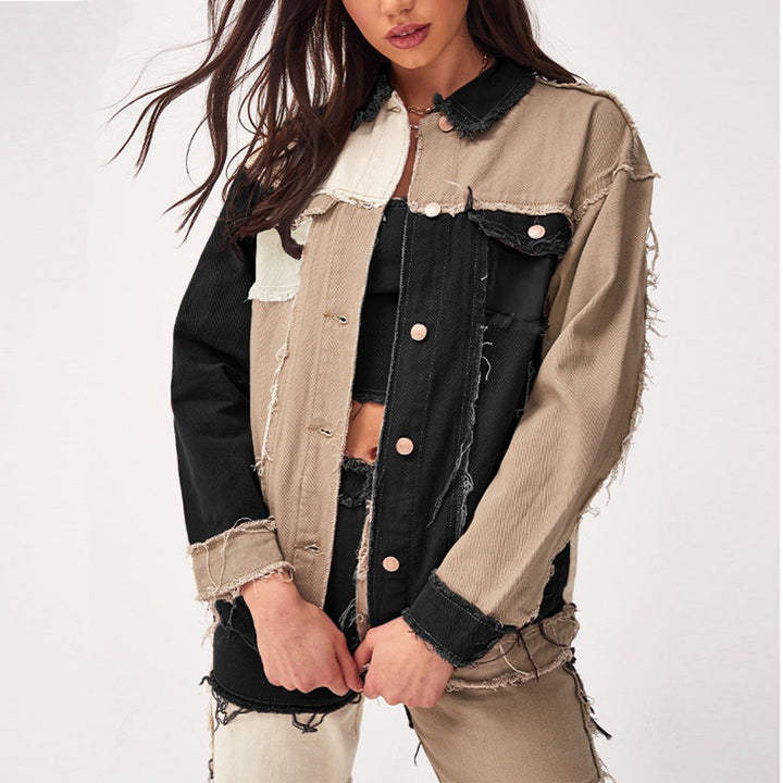 Dame Oversized Jeansjakke med moderne Colorblock-design og afslappede frynser Stilla