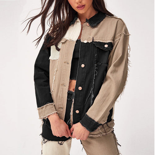 Dame Oversized Jeansjakke med moderne Colorblock-design og afslappede frynser Stilla