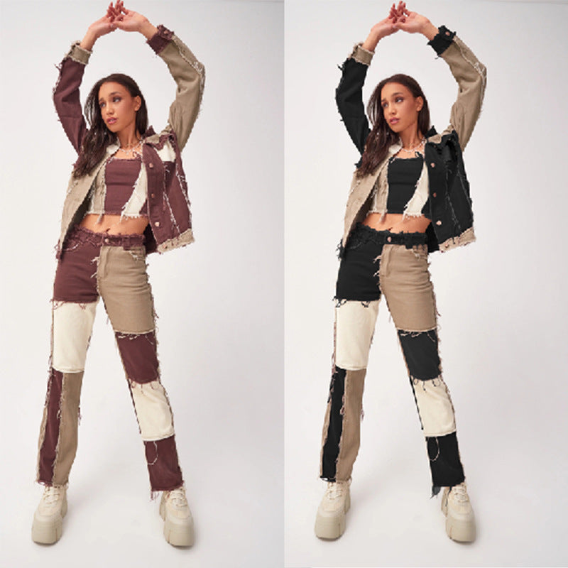 Dame Oversized Jeansjakke med moderne Colorblock-design og afslappede frynser Stilla