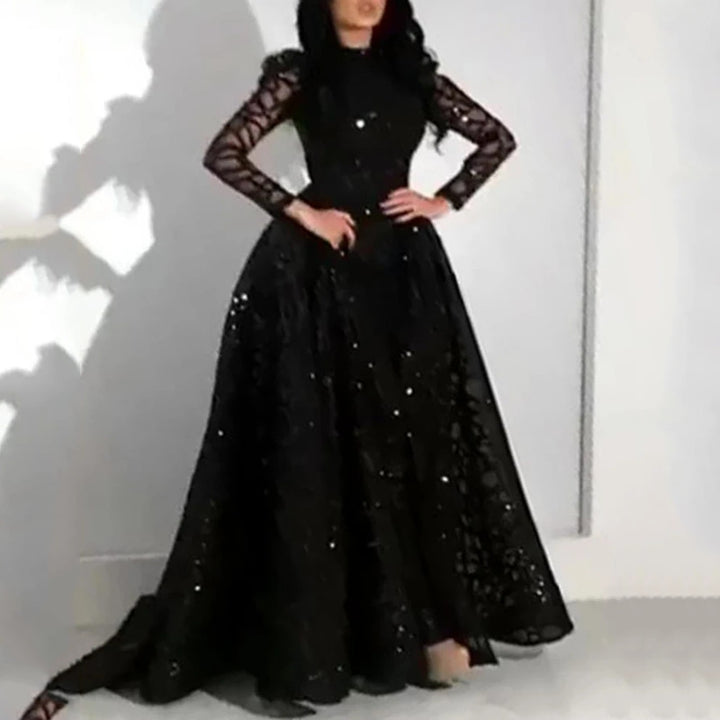 Dame Glamourøst Aftenkjole med glitrende mønster og lange ærmer Stilla