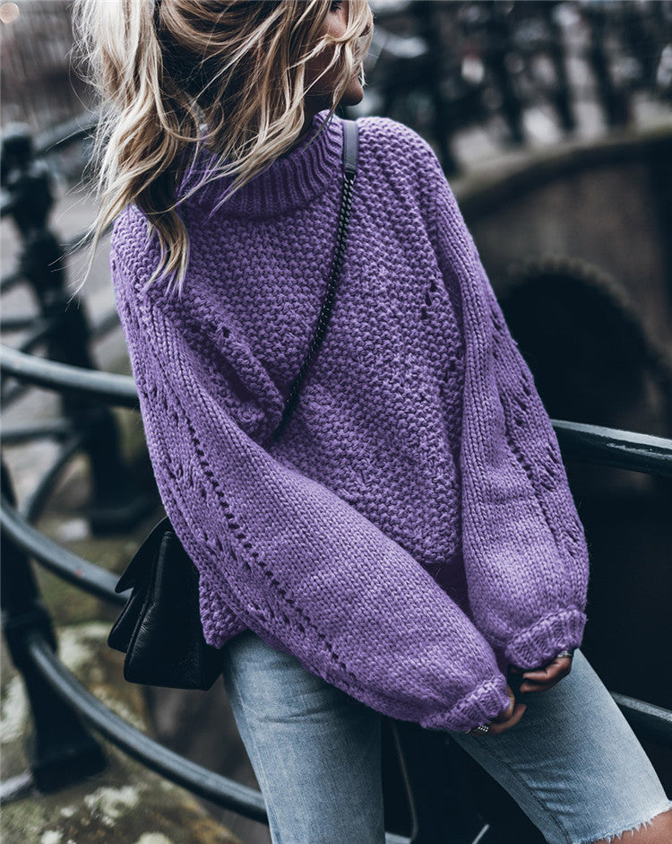 Dame Grovstrik pullover med høje ærmer og moderne hulmønster Stilla
