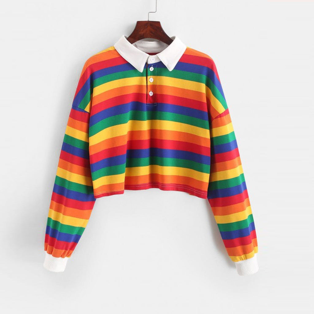 Kvindernes kortærmede polo sweater med farverige striber Skovae