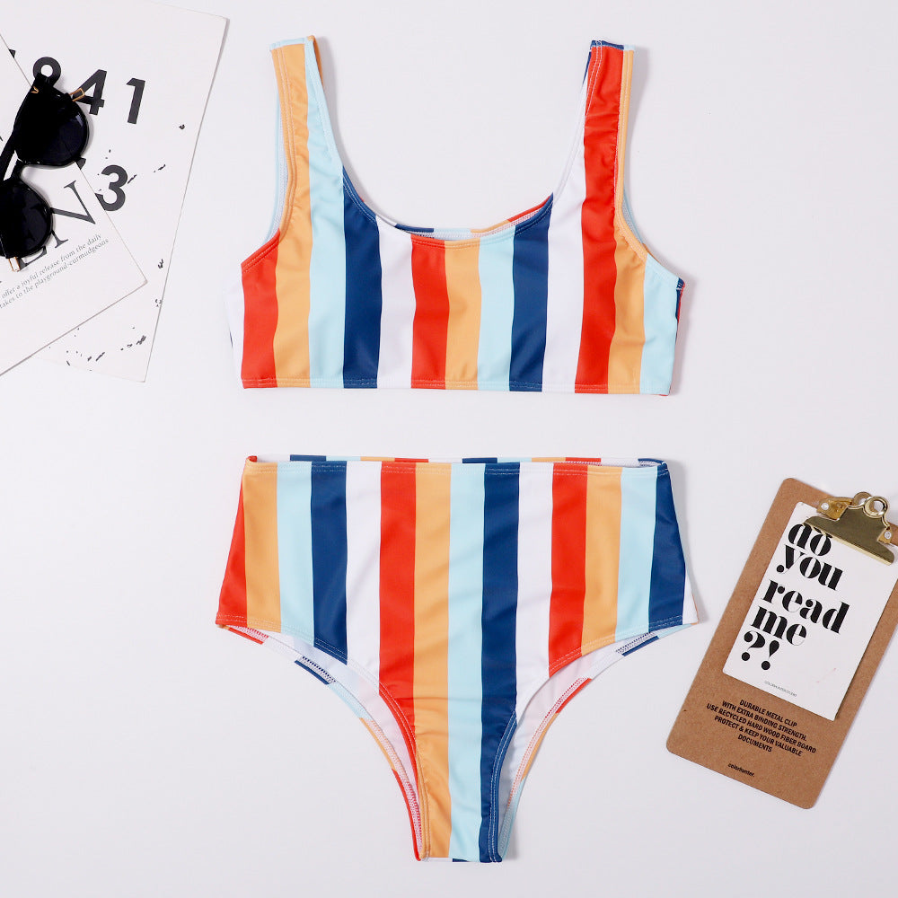Dame Højtaljet Stribet Bikini-Sæt Stilla1750243874