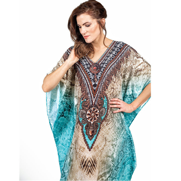 Dame Strand-Kaftan med kunstnerisk etno-mønster og flydende ærmer Stilla
