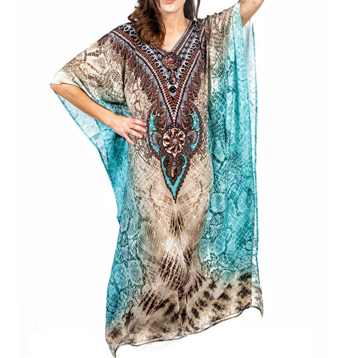 Dame Strand-Kaftan med kunstnerisk etno-mønster og flydende ærmer Stilla