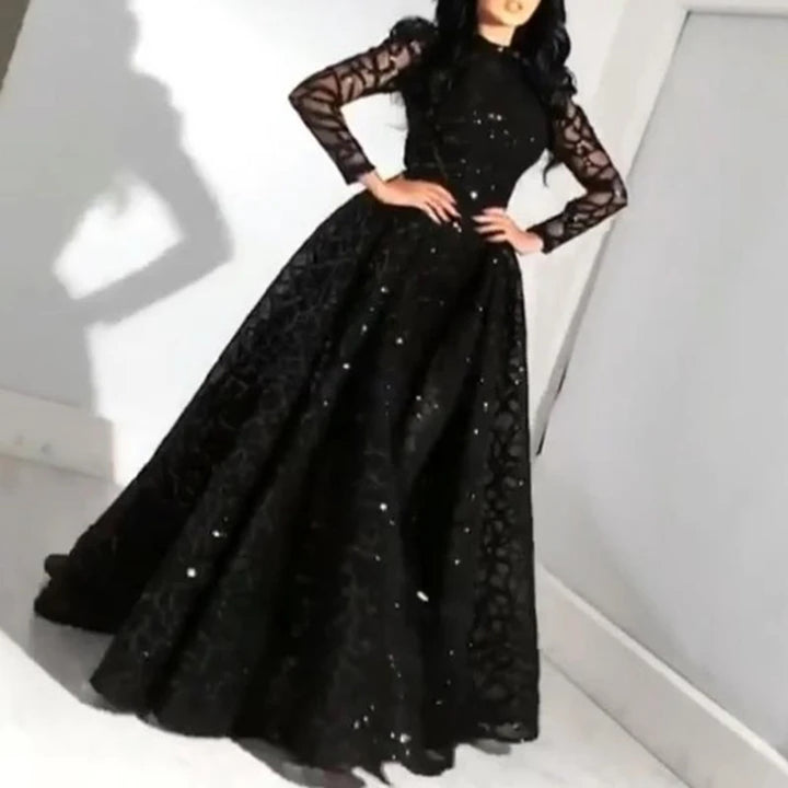 Dame Glamourøst Aftenkjole med glitrende mønster og lange ærmer Stilla