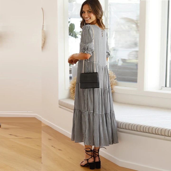 Dame Gingham Lagdelt Midi Kjole Stilla